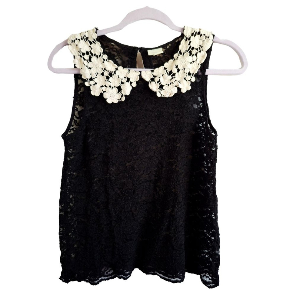 By Eloise Black Lace Tank Top with White Collar, Size M Cottagecore goth